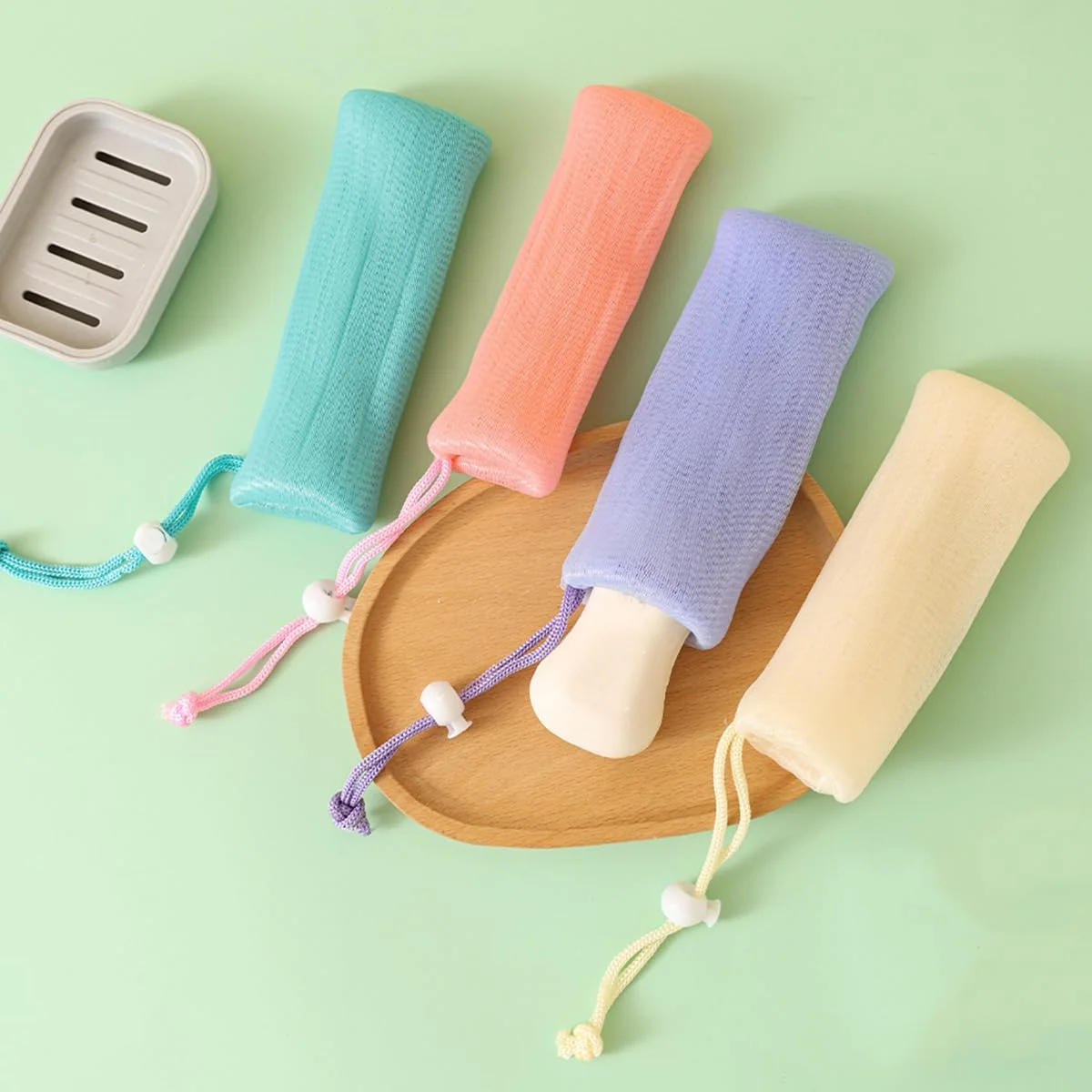 ۵ عدد کیسه توری صابون، لیف لایه بردار، کیسه توری محافظ صابون، تور فوم حباب ساز برای ابزار شستشوی صورت و بدن در حمام