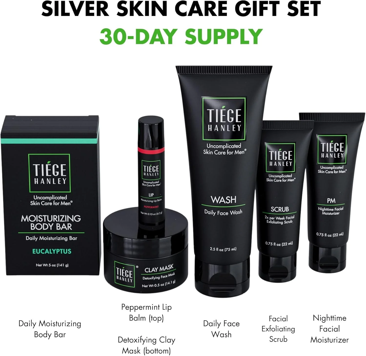 مجموعه هدیه مراقبت از پوست مردانه Tiege Hanley، نقره ای - مجموعه مراقبت از پوست مردانه شامل شستشوی صورت، اسکراب لایه بردار، مرطوب کننده صورت، ماسک خاک رس صورت، بالم لب مرطوب کننده و صابون بدن مرطوب کننده