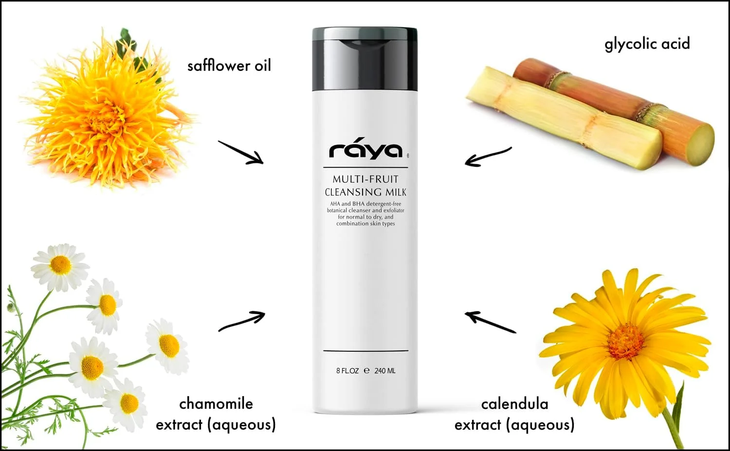 شیر پاک کننده صورت چند میوه رایا با AHA و BHA، ۲۴۰ میلی لیتر (G-154) | پاک کننده لایه بردار بدون صابون و پاک کننده آرایش برای پوست های خشک و مختلط | ساخته شده با آلفا و بتا هیدروکسی اسیدهای چند میوه