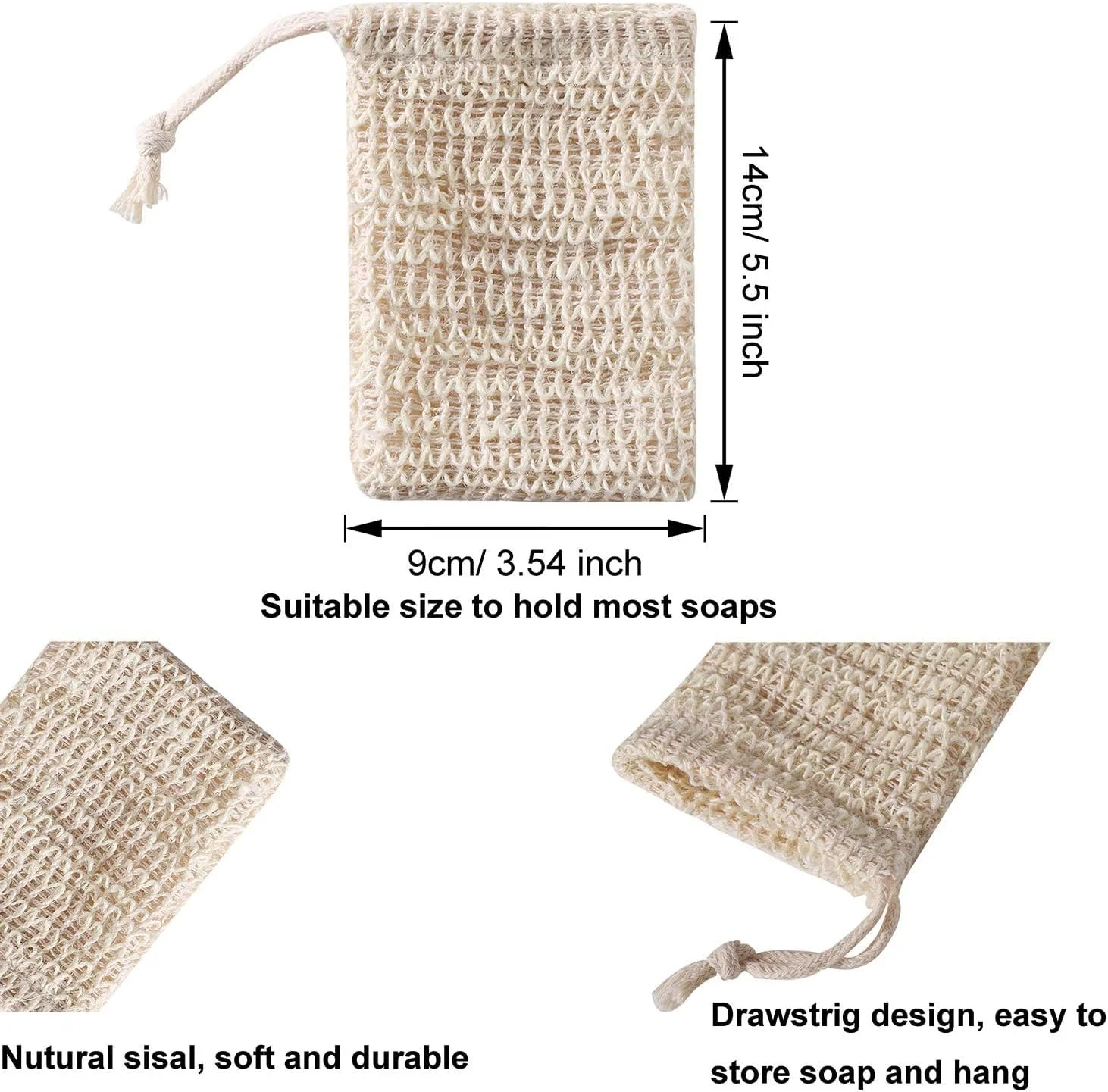 بسته 5 عددی کیسه نگهداری صابون، 9 * 14 سانتی متر، کیسه های توری با بافت کتان برای ایجاد کف برای شستشوی صورت و بدن، توری های کف کننده قابل استفاده مجدد