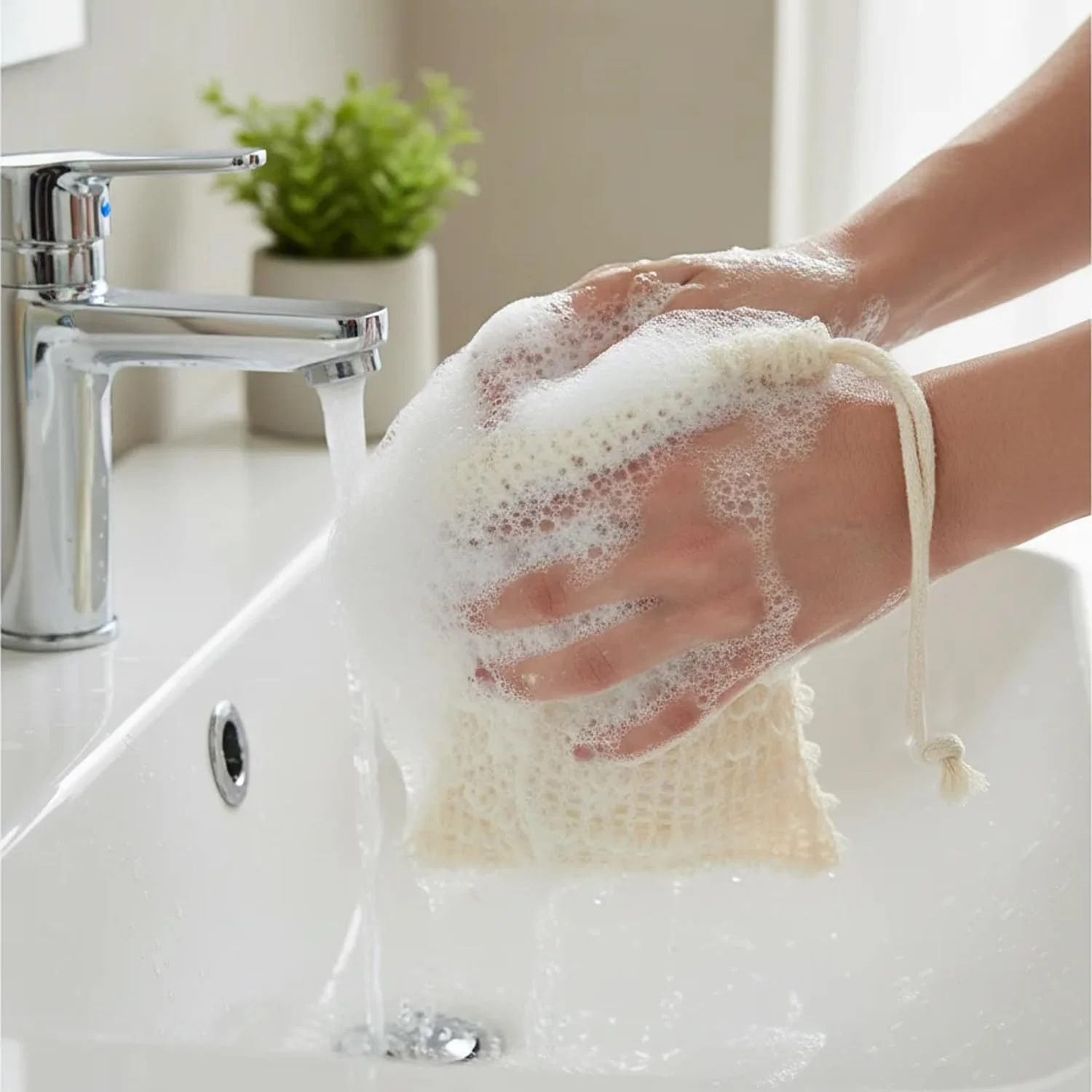 بسته 5 عددی کیسه نگهداری صابون، 9 * 14 سانتی متر، کیسه های توری با بافت کتان برای ایجاد کف برای شستشوی صورت و بدن، توری های کف کننده قابل استفاده مجدد