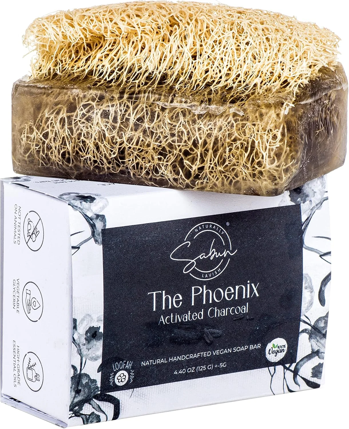 صابون زغال فعال - لایه بردار لوفا - دست ساز، صابون مرطوب کننده با لوفا در داخل | اسکراب صورت و بدن [125 گرم]
