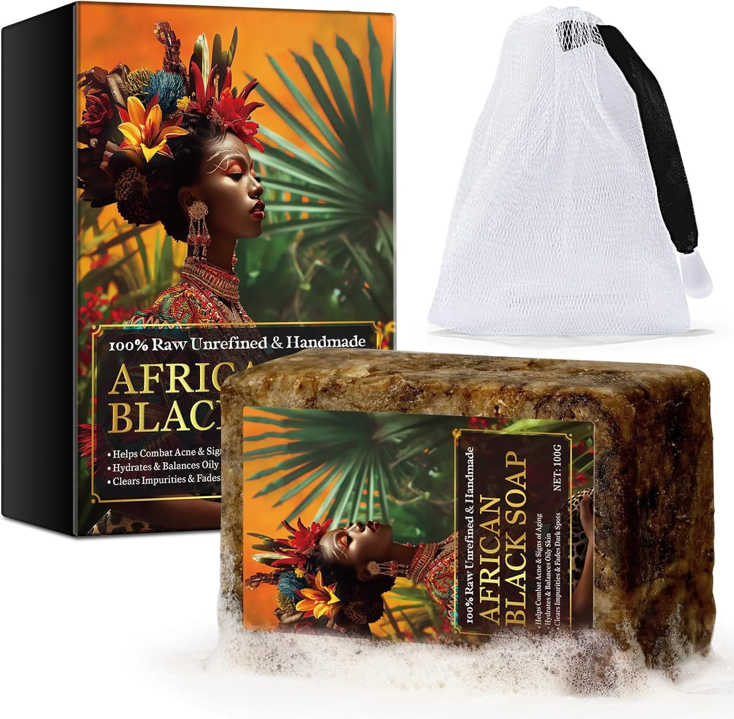 صابون سیاه آفریقایی تریفای، 100% خالص و طبیعی برای پوست های مشکل دار، مبارزه با آکنه، لکه های تیره و علائم پیری، پاک کننده آبرسان صورت و بدن، 100 گرم