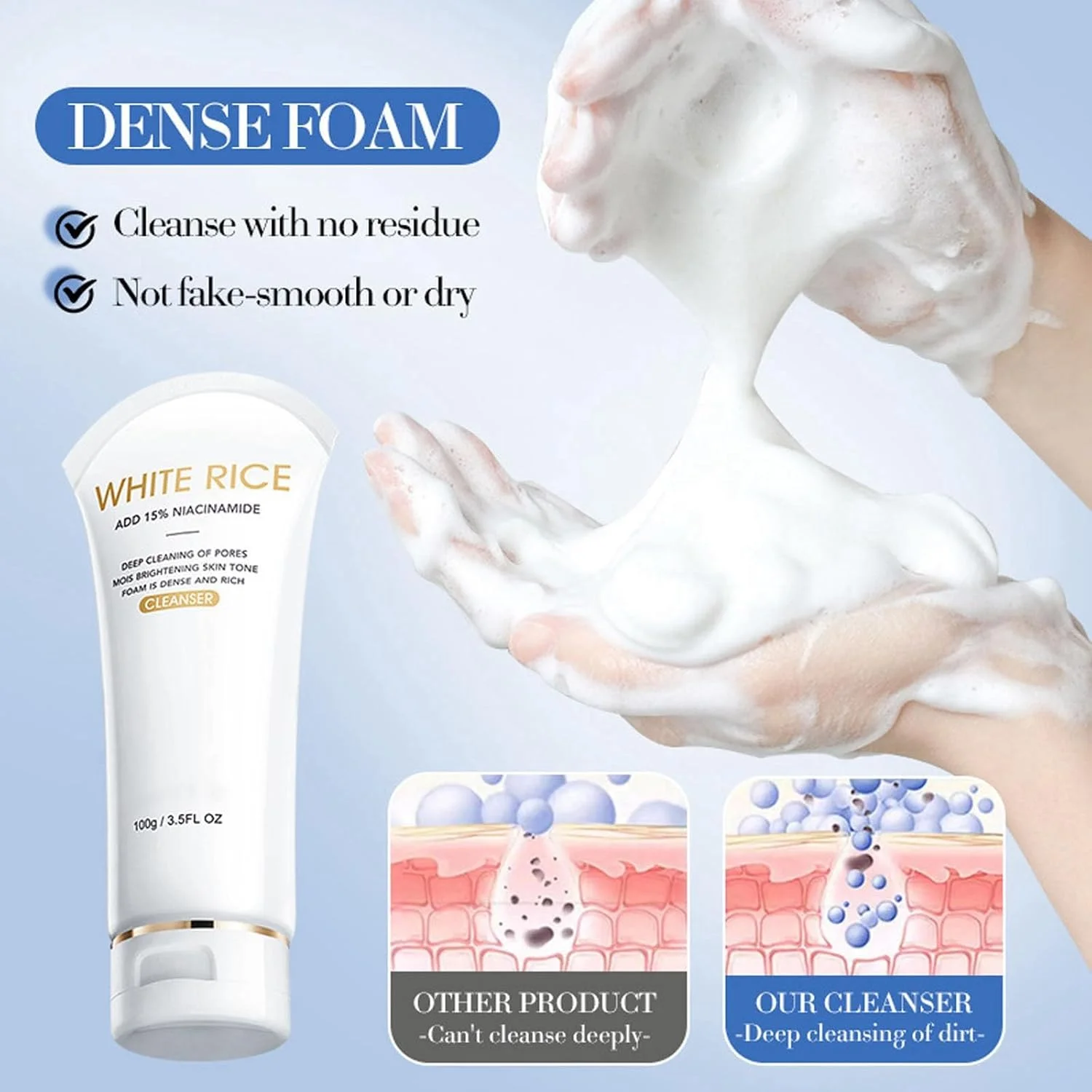 شوینده صورت برنج، شستشوی صورت با آب برنج حاوی ویتامین B3، پاک کننده فوم صورت، شوینده آبرسان صورت، شوینده ملایم صورت برای پوست خشک، شستشوی صورت صاف کننده، نرم کننده، کنترل کننده چربی، متعادل کننده (2 عدد)