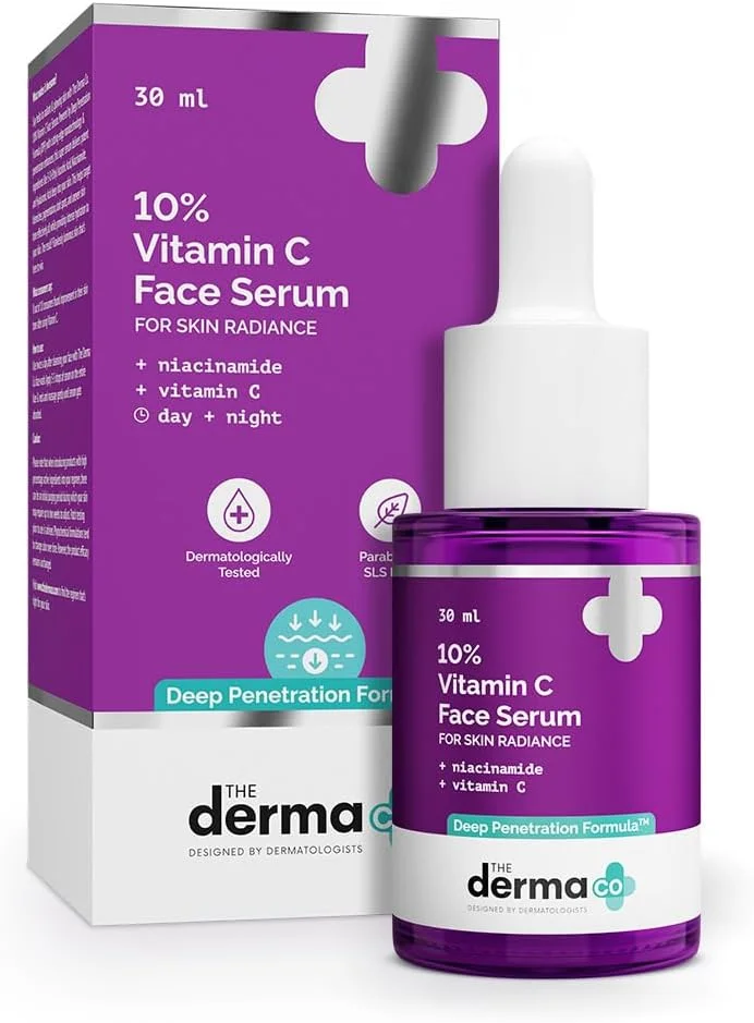 سرم صورت ویتامین C 10% The Derma Co برای درخشندگی و شفافیت پوست | حاوی نیاسینامید و فرمول جذب عمیق | مناسب برای رفع تیرگی، لک و رنگ ناهموار پوست | مناسب برای انواع پوست - 30 میلی لیتر