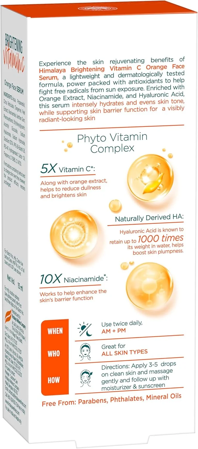 سرم روشن کننده ویتامین C پرتقال هیمالیا از سال 1930 با اسید هیالورونیک و نیاسینامید - 15 میلی لیتر | اصلاح لکه های تیره، درخشش آنتی اکسیدانی و آبرسانی