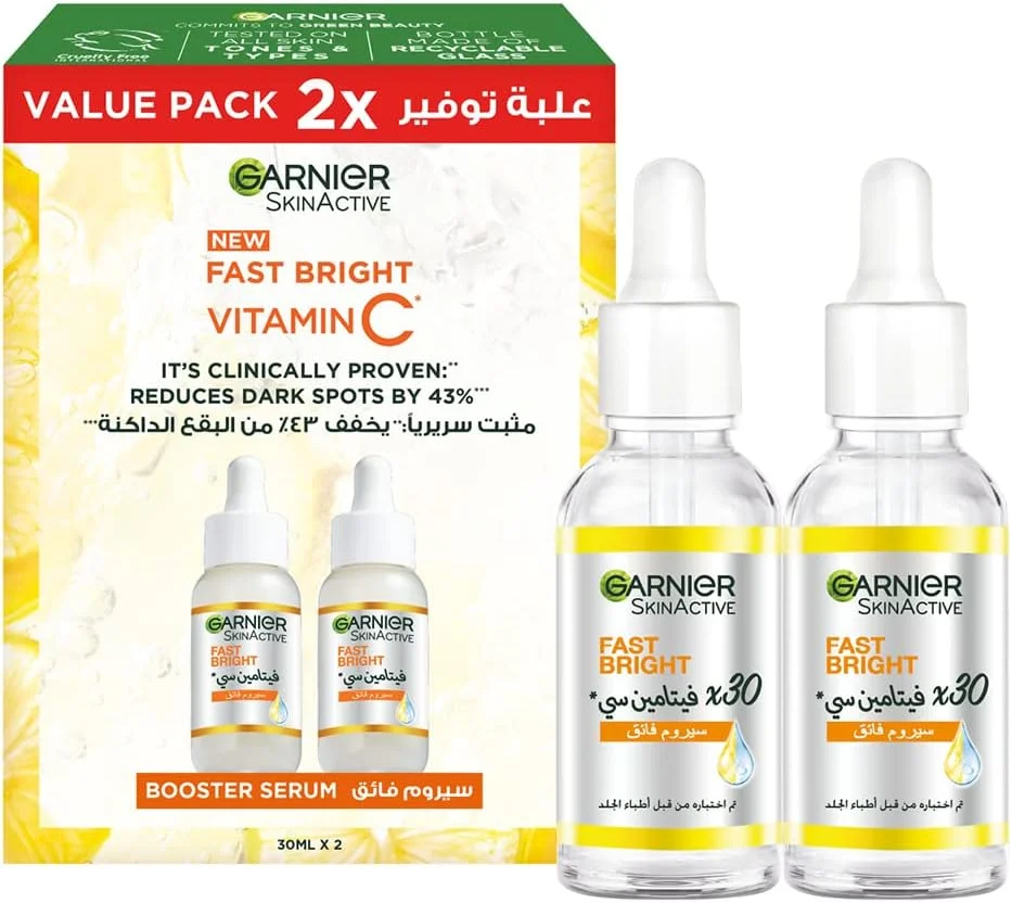 سرم تقویت کننده سریع روشن کننده پوست گارنیه حاوی ویتامین C، ضد لک تیره - بسته دوقلو، 30 میلی لیتر x2