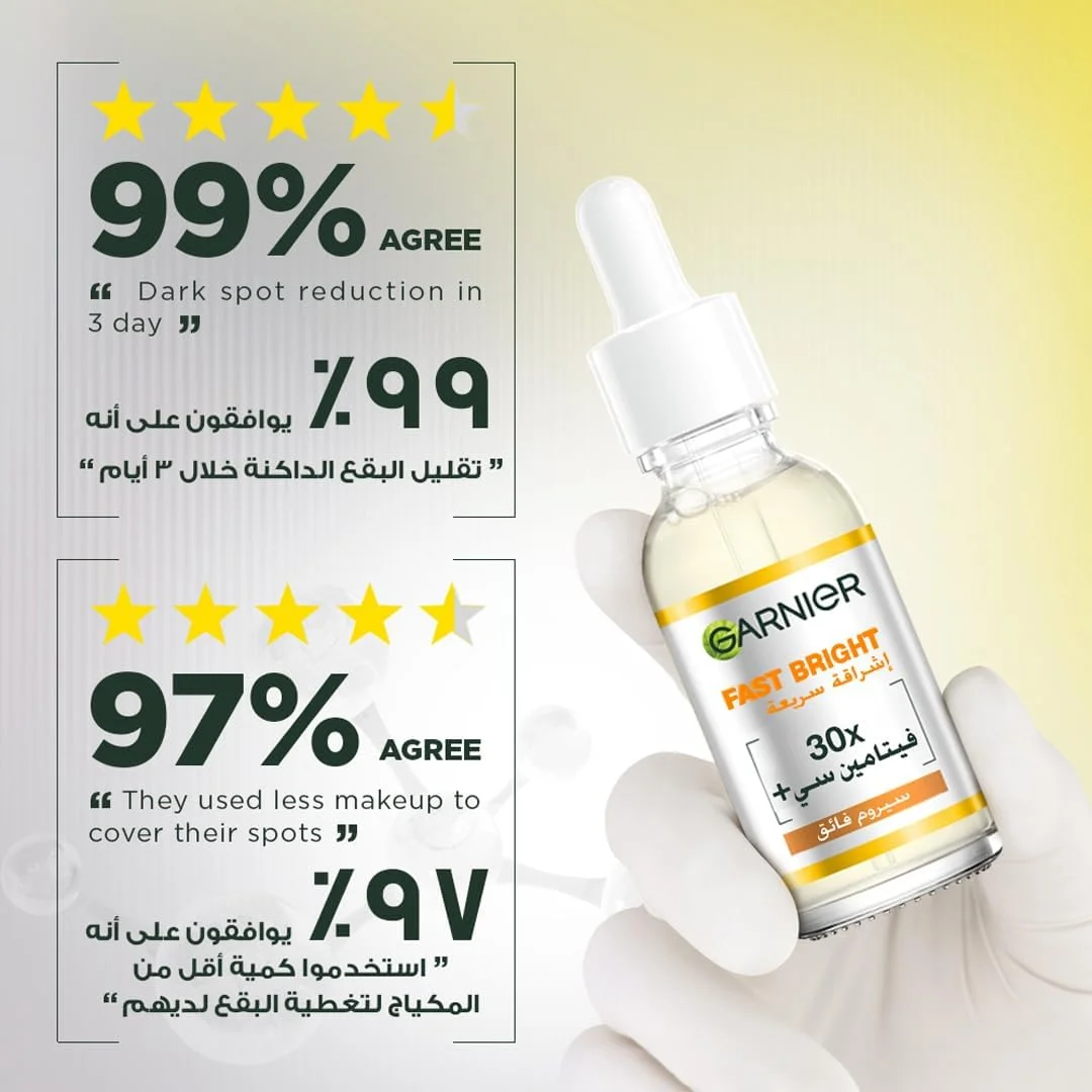 سرم روشن کننده سریع پوست گارنیه حاوی ویتامین C با غلظت 30 برابر، حجم 30 میلی لیتر