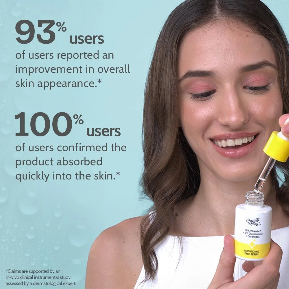 سرم صورت ویتامین C 10% Chemist At Play | روشن کننده و درخشان کننده | محو کننده لکه های تیره | درمان هایپرپیگمنتیشن | متعادل کننده تولید ملانین | اتیل آسکوربیک اسید و گلوکوزامین | مناسب برای انواع پوست 30 میلی لیتر