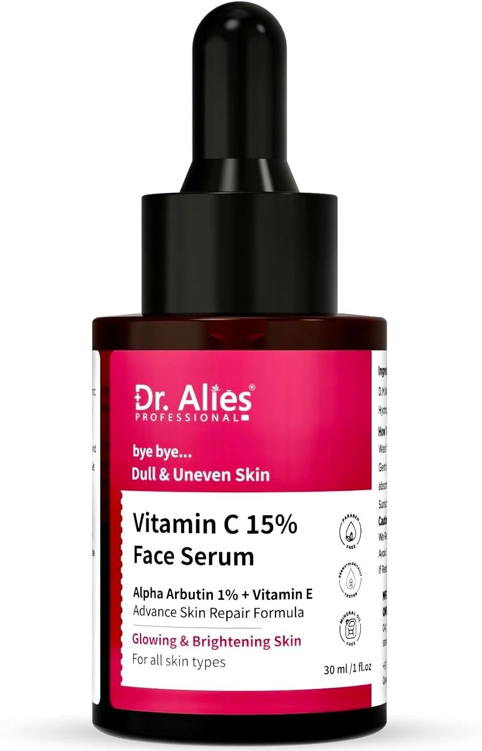 سرم صورت ویتامین C 15% دکتر آلیس، فرمول پیشرفته روشن کننده پوست با آلفا آربوتین 1%، ویتامین E و فرولیک اسید | برای پوست درخشان | رفع رنگ ناهموار پوست | غیر تحریک کننده | 30 میلی لیتر
