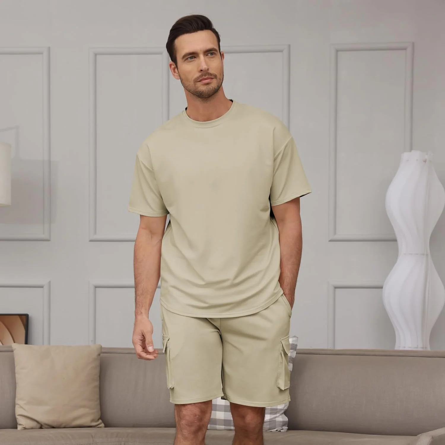 ست های شلوارک مردانه Opomelo، ست های دو تکه لباس راحتی تابستانی آستین کوتاه مردانه با جیب باربری
