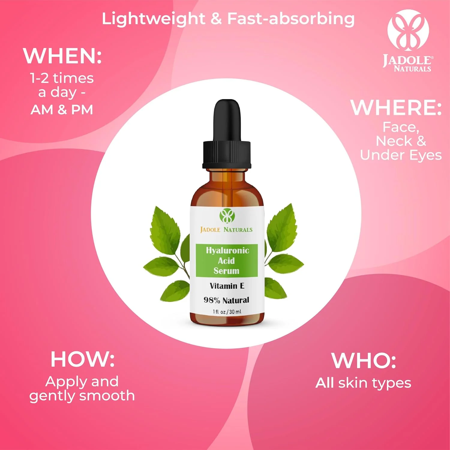 سرم هیالورونیک اسید جادول نچرالز 30 میلی لیتر حاوی ویتامین E، سرم آبرسان و روشن کننده برای کاهش چین و چروک، حلقه های تیره، خطوط ریز، ضد چروک و مرطوب کننده پوست