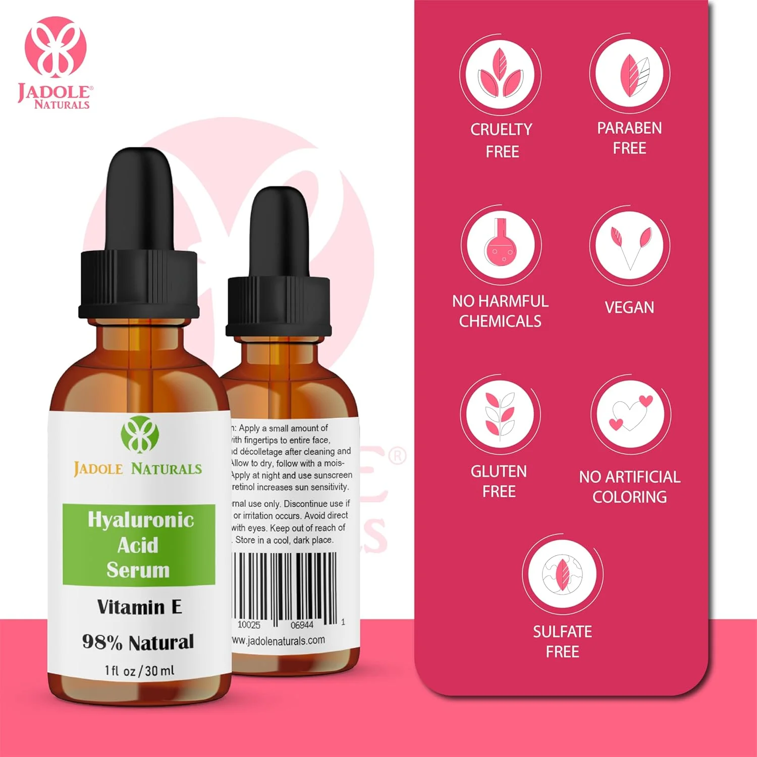 سرم هیالورونیک اسید جادول نچرالز 30 میلی لیتر حاوی ویتامین E، سرم آبرسان و روشن کننده برای کاهش چین و چروک، حلقه های تیره، خطوط ریز، ضد چروک و مرطوب کننده پوست