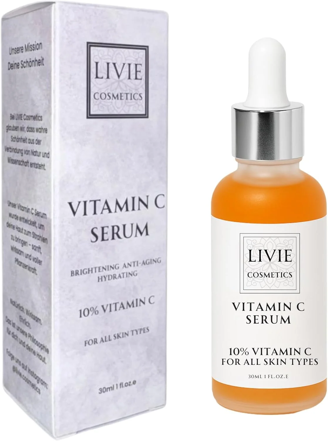 سرم ویتامین C 10% - حاوی هیالورونیک اسید و فرولیک اسید - سرم روشن کننده صورت برای پوست درخشان - محافظت آنتی اکسیدانی و مراقبت ضد پیری - 30 میلی لیتر