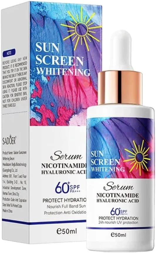 سرم ضد آفتاب روشن کننده ارگانیک SPF60+ PA+++ حاوی نیاسینامید و هیالورونیک اسید – آبرسانی 2 برابر، بافت سبک و غیر چرب، محافظت از صورت و بدن در برابر آفتاب، 50 میلی لیتر