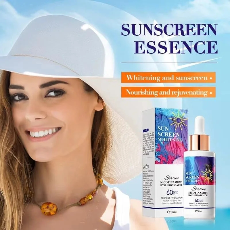 سرم ضد آفتاب روشن کننده ارگانیک SPF60+ PA+++ حاوی نیاسینامید و هیالورونیک اسید – آبرسانی 2 برابر، بافت سبک و غیر چرب، محافظت از صورت و بدن در برابر آفتاب، 50 میلی لیتر