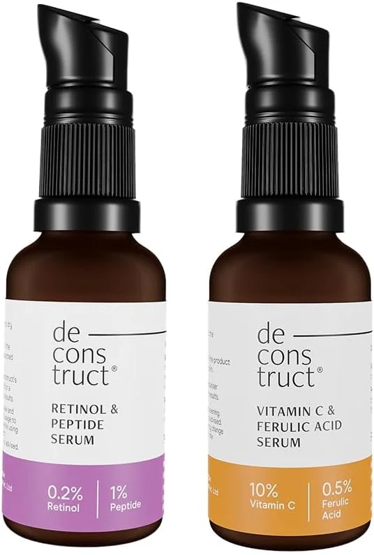 مجموعه سرم صورت دی‌کانستراکت حاوی 10% ویتامین C + 0.2% رتینول | برای ضد پیری، روشن کننده | سرم برای پوست درخشان | مناسب برای افراد مبتدی | برای انواع پوست | 30 میلی لیتر هر کدام | بسته 2 عددی