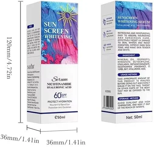 سرم ضد آفتاب روشن کننده ارگانیک SPF60+ PA+++ حاوی نیاسینامید و هیالورونیک اسید – آبرسانی 2 برابر، بافت سبک و غیر چرب، محافظت از صورت و بدن در برابر آفتاب، 50 میلی لیتر