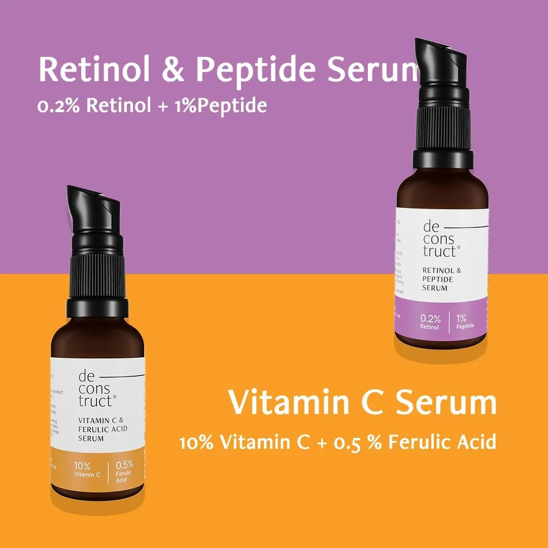 مجموعه سرم صورت دی‌کانستراکت حاوی 10% ویتامین C + 0.2% رتینول | برای ضد پیری، روشن کننده | سرم برای پوست درخشان | مناسب برای افراد مبتدی | برای انواع پوست | 30 میلی لیتر هر کدام | بسته 2 عددی