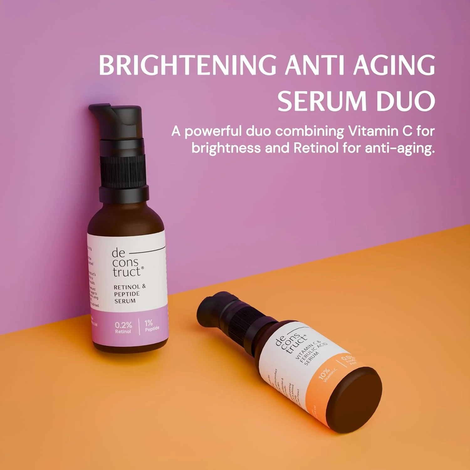 مجموعه سرم صورت دی‌کانستراکت حاوی 10% ویتامین C + 0.2% رتینول | برای ضد پیری، روشن کننده | سرم برای پوست درخشان | مناسب برای افراد مبتدی | برای انواع پوست | 30 میلی لیتر هر کدام | بسته 2 عددی