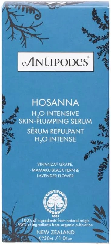 سرم صورت آبرسان و حجم دهنده پوست آنتیپودز هوسانا H2O - سرم آبرسان - سرم صورت کلاژن دار با مواد فعال زیستی نیوزلندی - پوست خشک و کم آب - 30 میلی لیتر