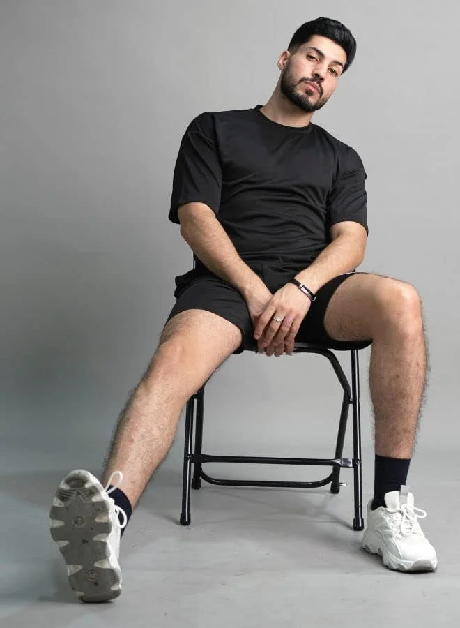 ست تی‌شرت و شلوارک مردانه نخی، لباس ورزشی تمرینی باشگاه، ماراتن، ایروبیک و تمرینات فیتنس، مشکی، M