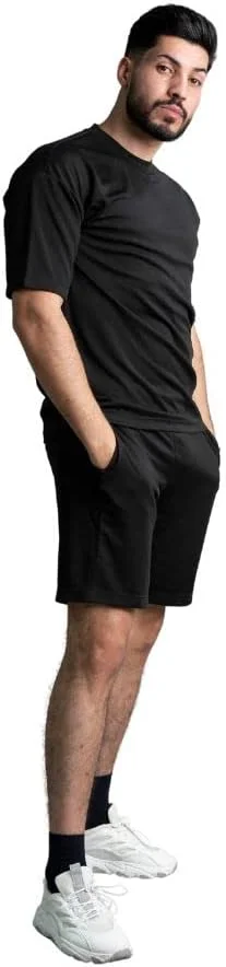 ست تی‌شرت و شلوارک مردانه نخی، لباس ورزشی تمرینی باشگاه، مناسب ماراتن، ایروبیک و تمرینات بدنسازی، مشکی، سایز 3XL