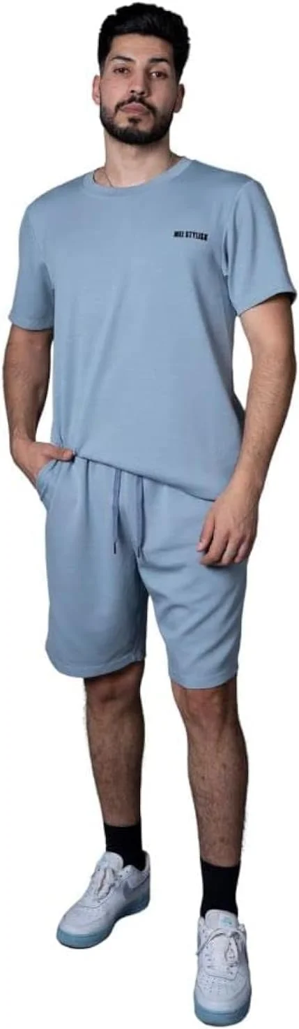 ست تی‌شرت و شلوارک مردانه نخی، لباس ورزشی تمرینی باشگاه، مناسب ماراتن، ایروبیک و تمرینات فیتنس، آبی، سایز 3XL