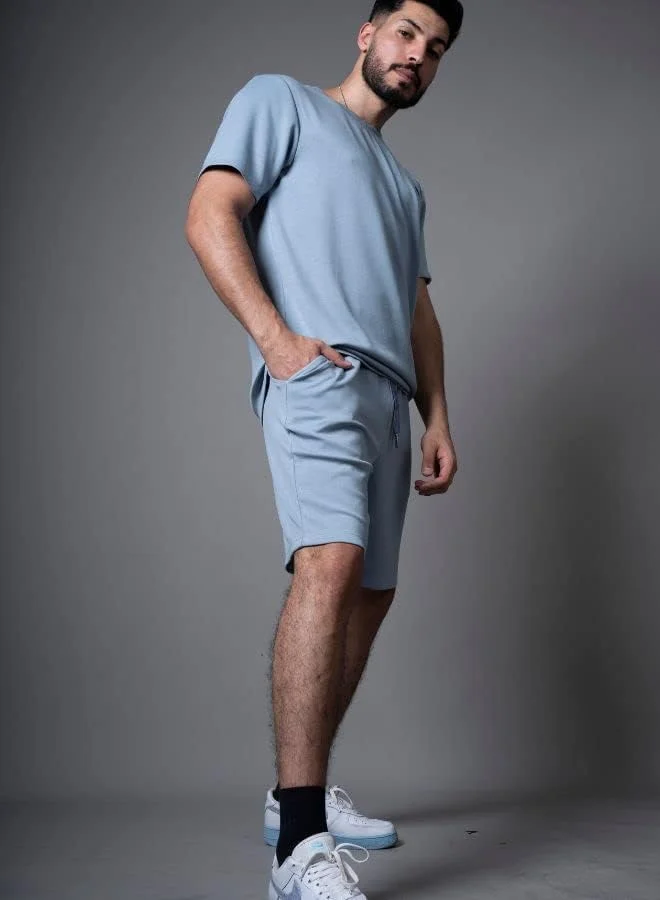 ست تی‌شرت و شلوارک مردانه نخی، لباس ورزشی تمرینی باشگاه، مناسب ماراتن، ایروبیک و تمرینات فیتنس، آبی، سایز 3XL