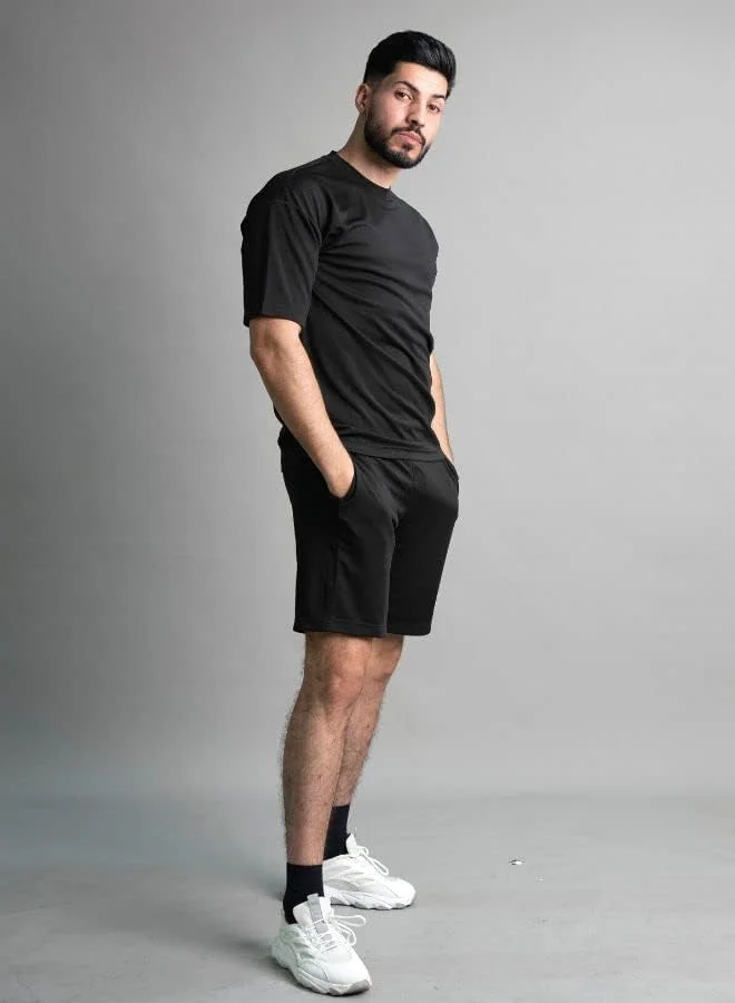 ست تی‌شرت و شلوارک مردانه نخی، لباس ورزشی تمرینی باشگاه، ماراتن، ایروبیک و تمرینات فیتنس، مشکی، سایز ایکس لارج