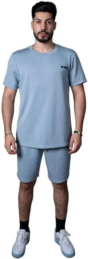 ست تی‌شرت و شلوارک مردانه، مناسب تمرینات ورزشی، ماراتن، ایروبیک و تمرینات بدنسازی، آبی، سایز XXL