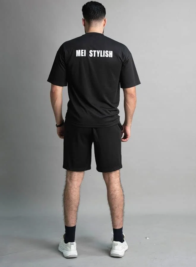 ست تی‌شرت و شلوارک مردانه نخی، لباس ورزشی تمرینی باشگاه، ماراتن، ایروبیک و تمرینات فیتنس، مشکی، سایز ایکس لارج