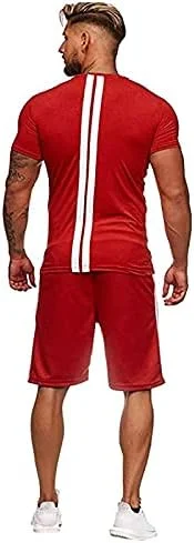 ست لباس ورزشی مردانه آستین کوتاه مناسب فصل تابستان، شامل تیشرت و شلوارک، مناسب ورزش، دویدن، ساحل و اوقات فراغت - دو تکه (رنگ: آبی تیره، سایز: L)