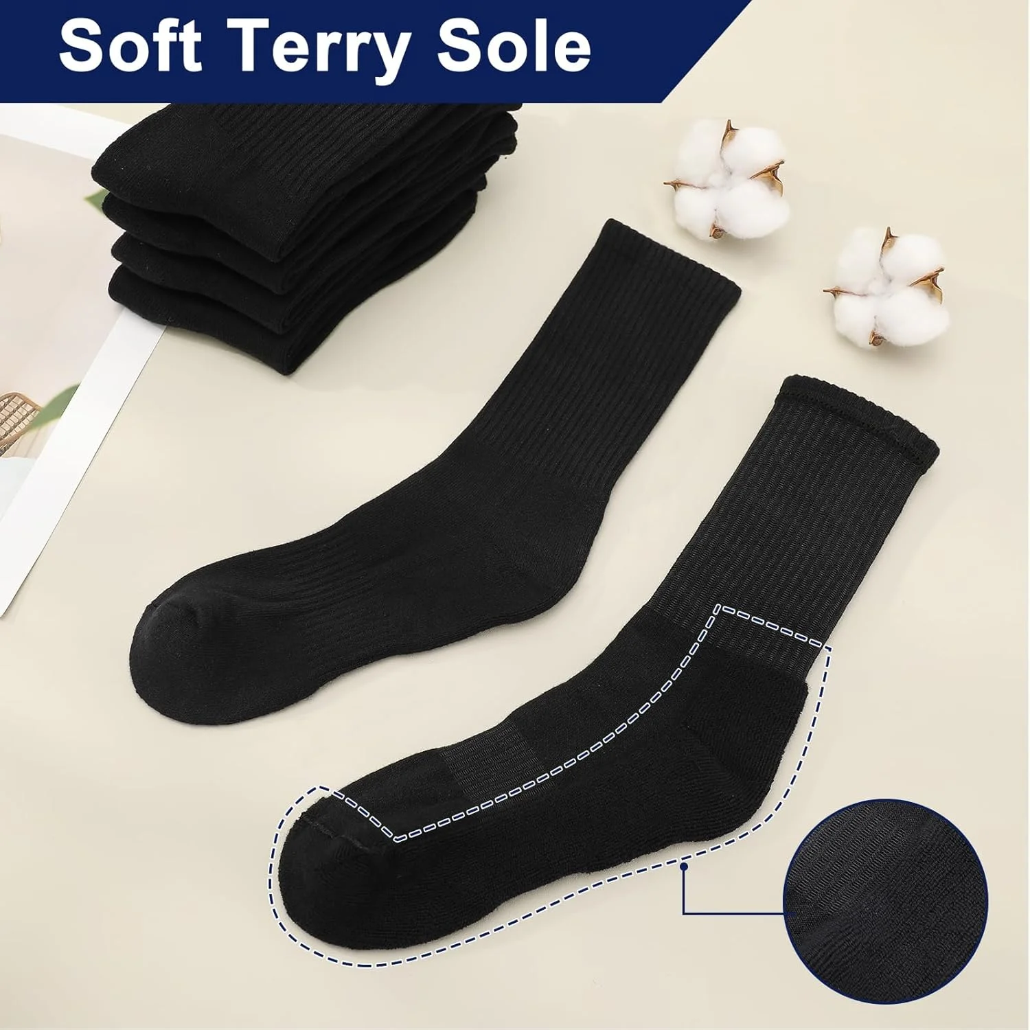 ۵ جفت جوراب ورزشی مردانه جوراب های بالشتکی جوراب های نخی زنانه سایز ۳۸-۴۳ جوراب های ساده مخصوص دویدن جوراب های ساق دار قابل تنفس برای تمرین، پیاده روی و کوهنوردی