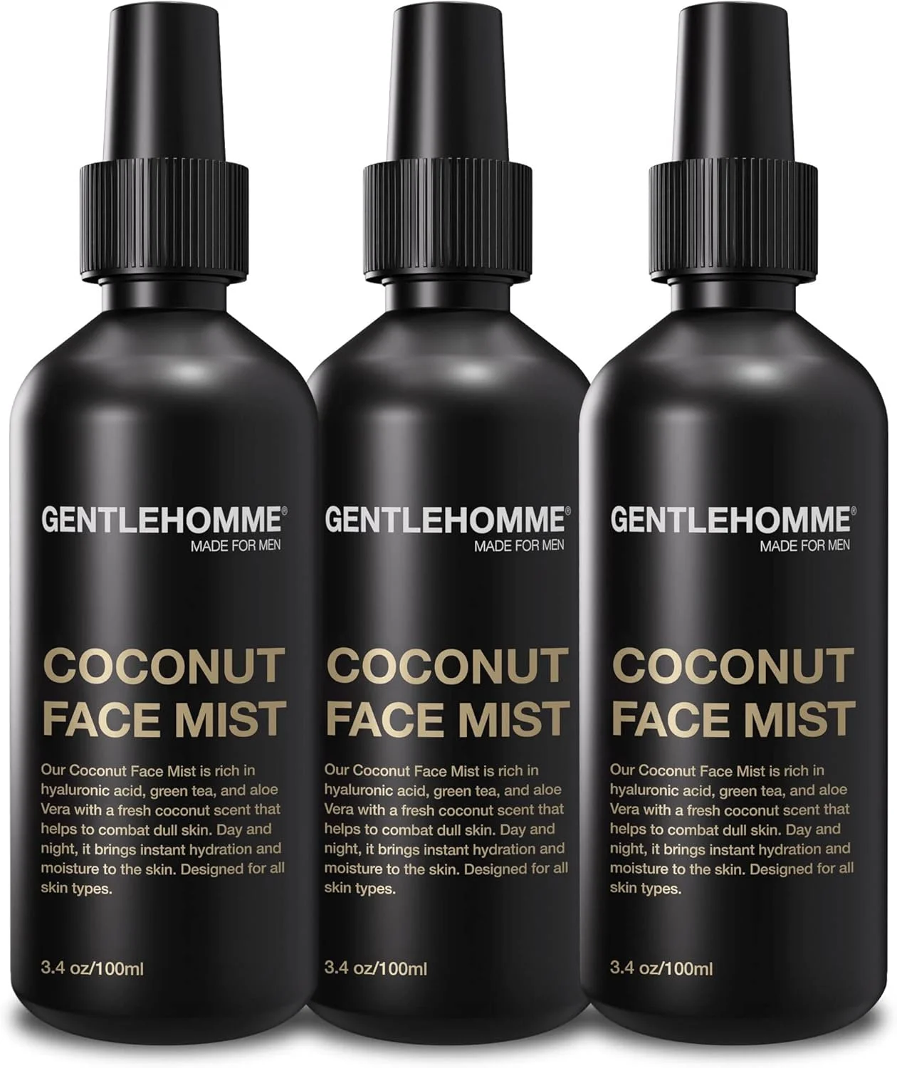 پک ۳ عددی اسپری صورت نارگیل، آلوئه ورا و هیالورونیک اسید مخصوص آقایان - اسپری صورت آبرسان و طراوت بخش حاوی چای سبز و گلاب مناسب انواع پوست - تونر صورت آرامش بخش و ضد پیری آقایان مناسب استفاده روز و شب ۱۰۰ میلی لیتر