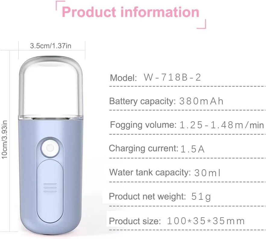 اسپری مرطوب کننده صورت 30 میلی لیتر، دستگاه رطوبت ساز و آبرسان پوست، مناسب برای منزل و سالن، آبی