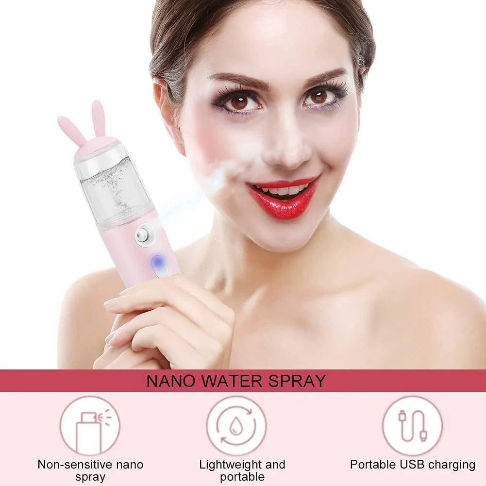 مینی اسپری نانو قابل حمل 30 میلی لیتری صورتی و سفید، مرطوب کننده طرح خرگوش برای تعادل چربی و آب پوست، مرطوب کننده صورت برای ورزش در فضای باز (صورتی)