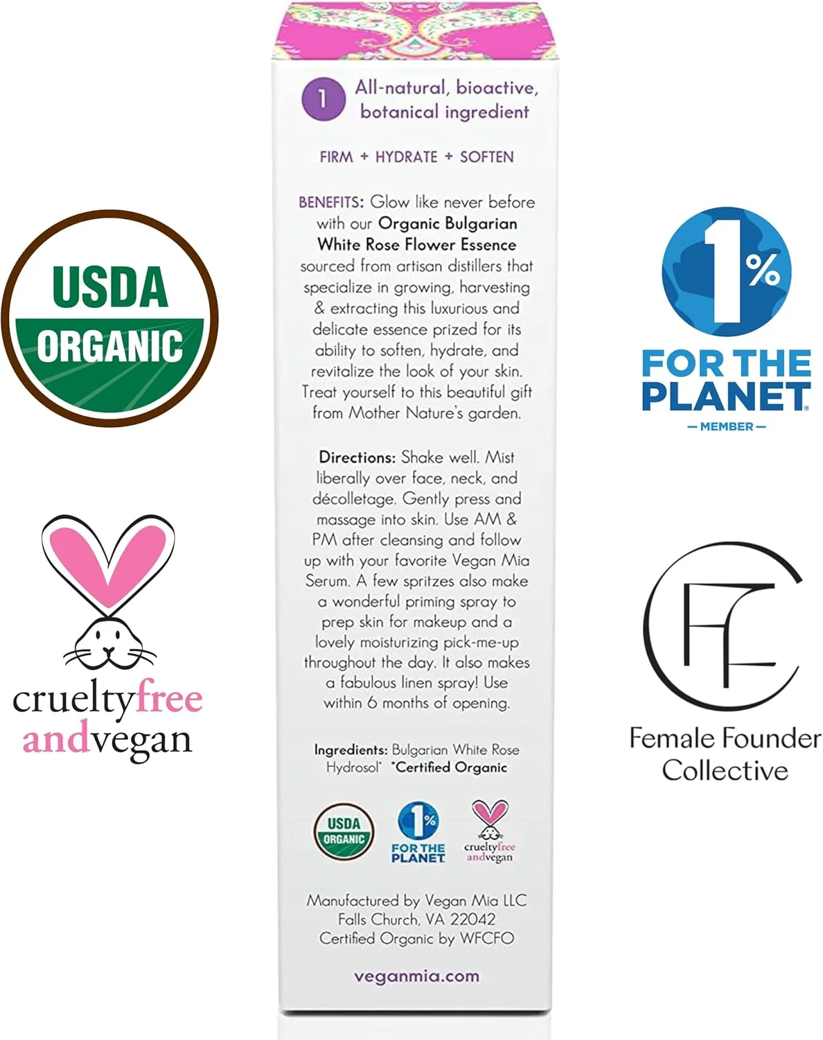 اسپری آب گل رز آبرسان فوق العاده Vegan Mia - دارای گواهی ارگانیک USDA برای درخشندگی پوست صورت و گردن، حاوی عصاره گل رز ارگانیک، مناسب انواع پوست، آبرسانی پوست خشک و کدر، 100 میلی لیتر