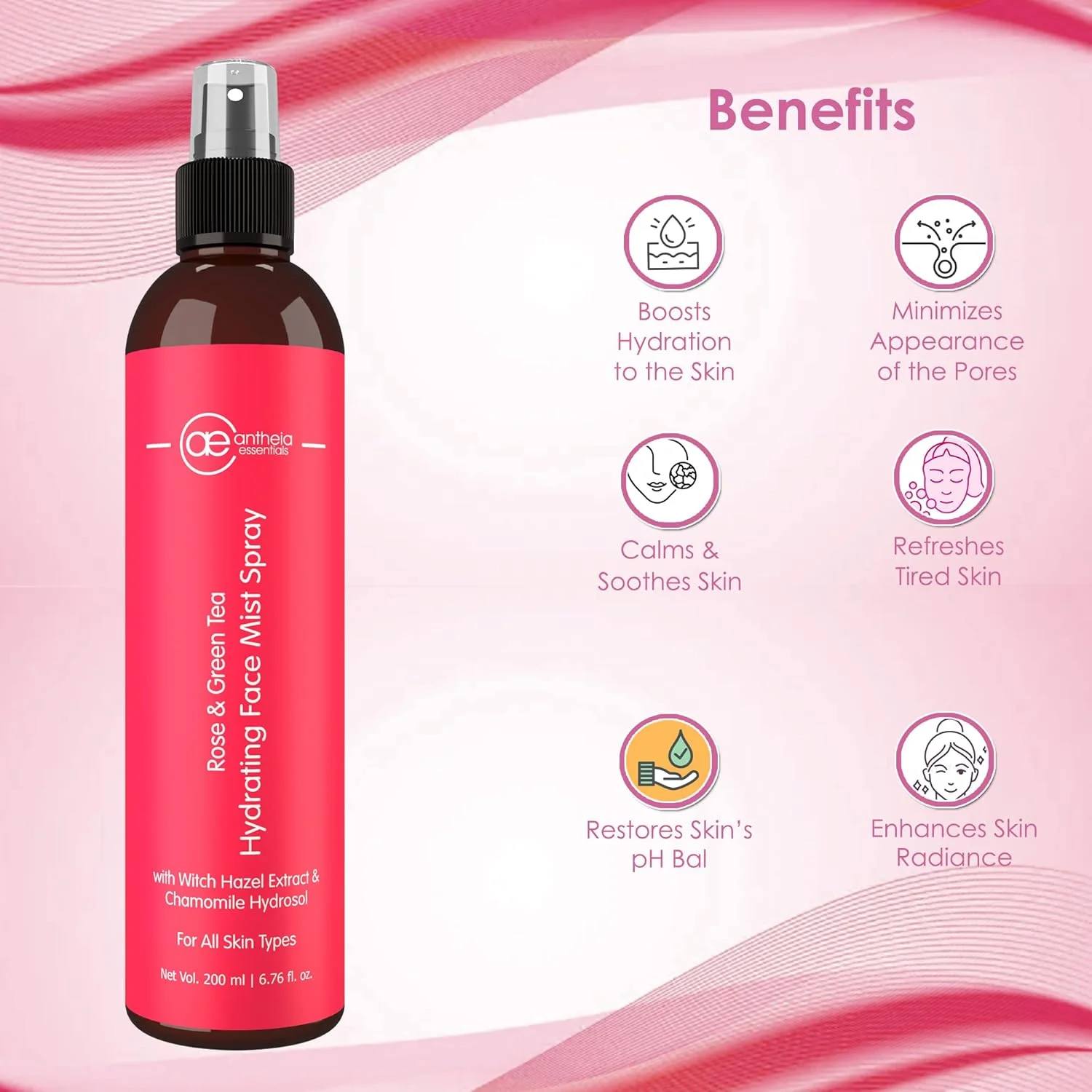 اسپری آبرسان صورت گل رز و چای سبز آنتیا اسنشیالز حاوی عصاره فندق افسونگر و هیدروسول بابونه | آرامش بخش، طراوت بخش، تنگ کننده منافذ، آبرسان و تسکین دهنده | 200 میلی لیتر