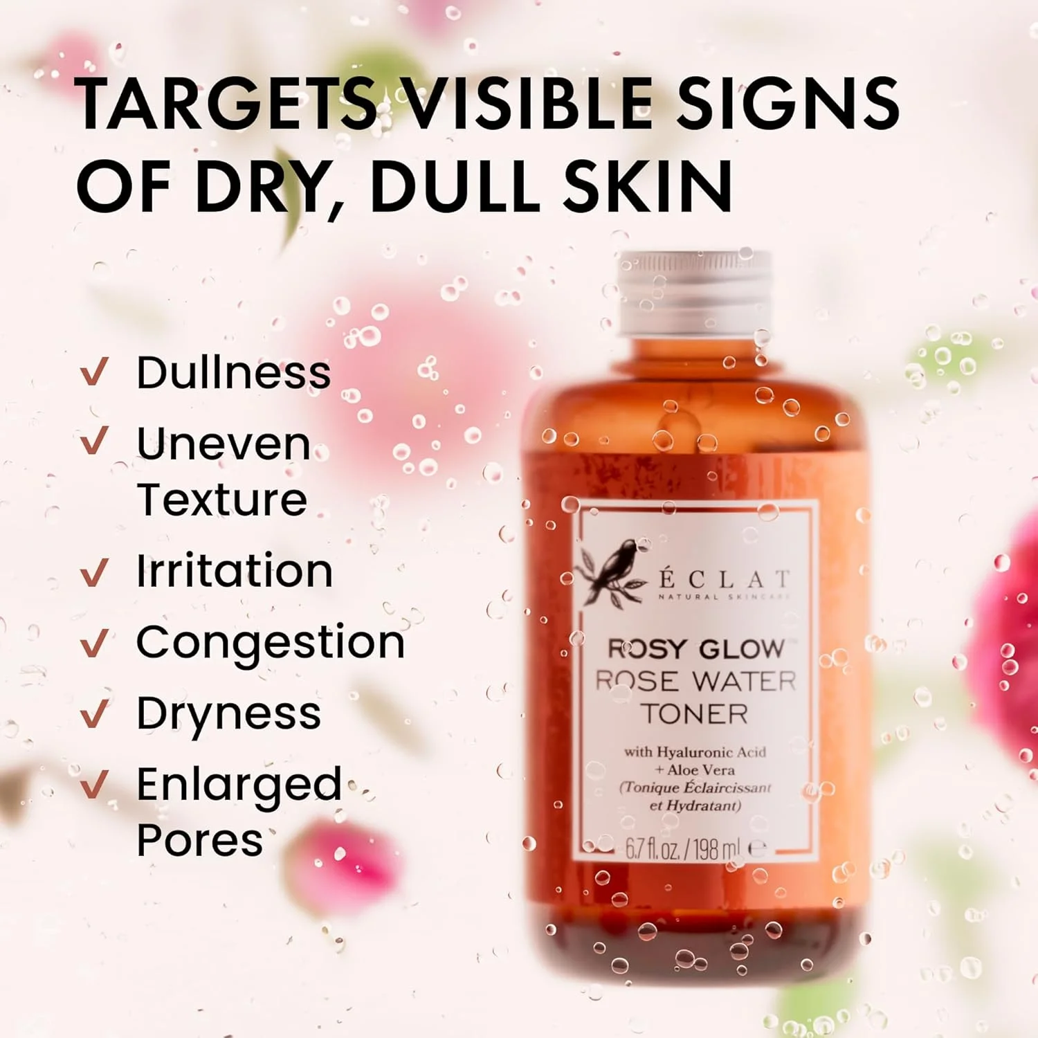 تونر گلاب اکلات اسکین‌کر - گلاب خالص با اسید هیالورونیک و آلوئه ورا، تونر صورت کوچک کننده منافذ، تونر آبرسان صورت برای زنان، تونر جوان کننده و تسکین دهنده پوست