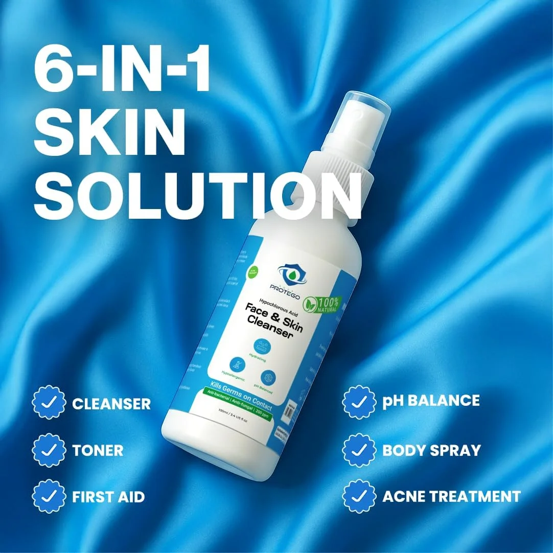 اسپری پاک کننده صورت و پوست هیپوکلروس اسید | اسپری صورت HOCl | فرمول قوی مبارزه با آکنه، مبارزه با باکتری ها و تقویت پوست سالم، ایمن برای انواع پوست (100 میلی لیتر)