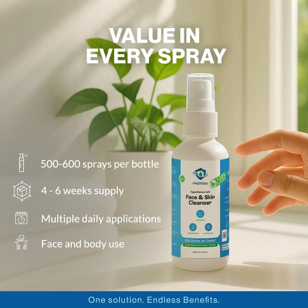 اسپری پاک کننده صورت و پوست هیپوکلروس اسید | اسپری صورت HOCl | فرمول قوی مبارزه با آکنه، مبارزه با باکتری ها و تقویت پوست سالم، ایمن برای انواع پوست (100 میلی لیتر)
