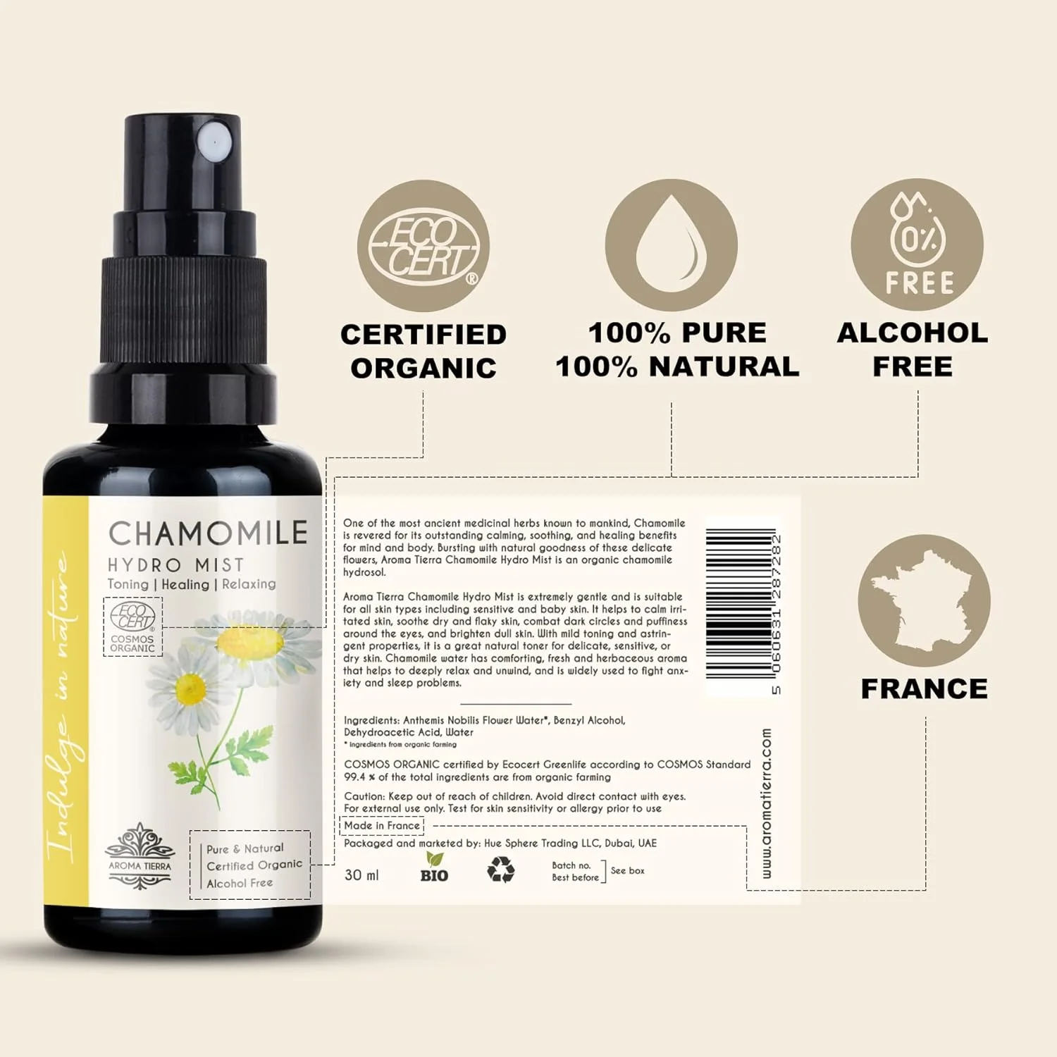 آب بابونه رومی ارگانیک آروما تیرا (اسپری هیدروسول) - برای صورت، پوست، مو، خواب، اضطراب، تونر صورت - 100% خالص، بدون الکل