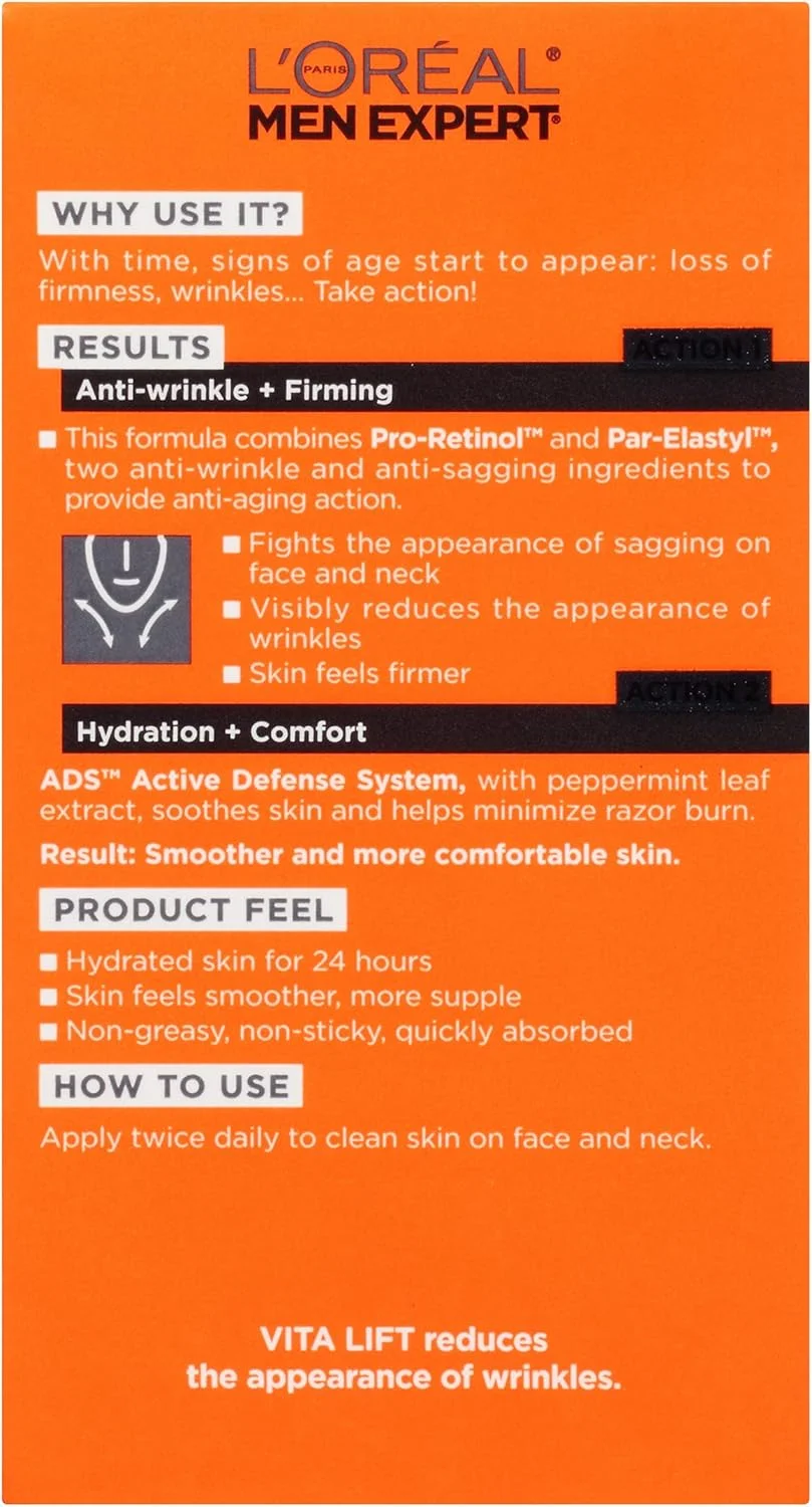 مرطوب کننده صورت ضد چروک و سفت کننده پوست لورال مردانه Expert Vitalift حاوی پرو-رتینول، مرطوب کننده صورت برای مردان، مراقبت از پوست و ریش مردانه، 48 گرم