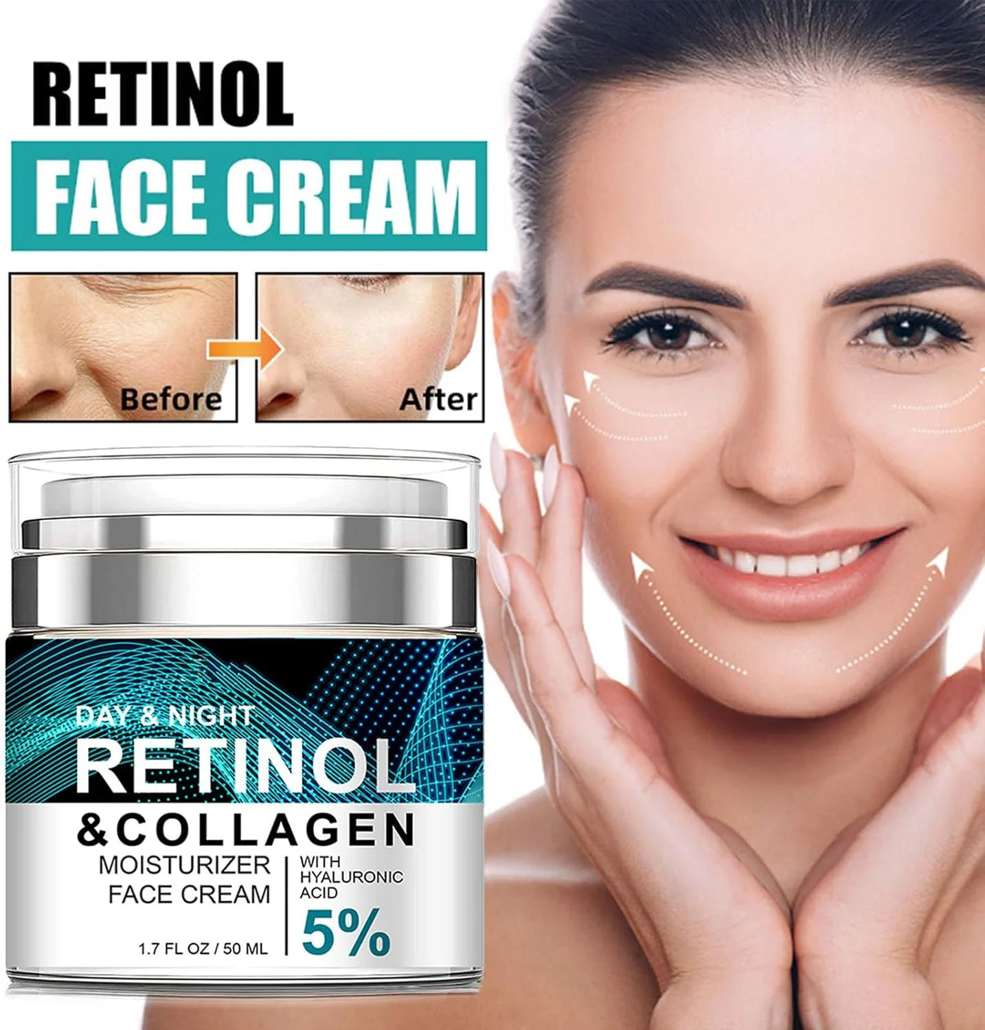 کرم کلاژن رتینول برای صورت با 5% اسید هیالورونیک، کرم ضد پیری، کاهش خطوط ریز، لیفتینگ و سفت کننده، مراقبت 24 ساعته صورت، مناسب برای انواع پوست