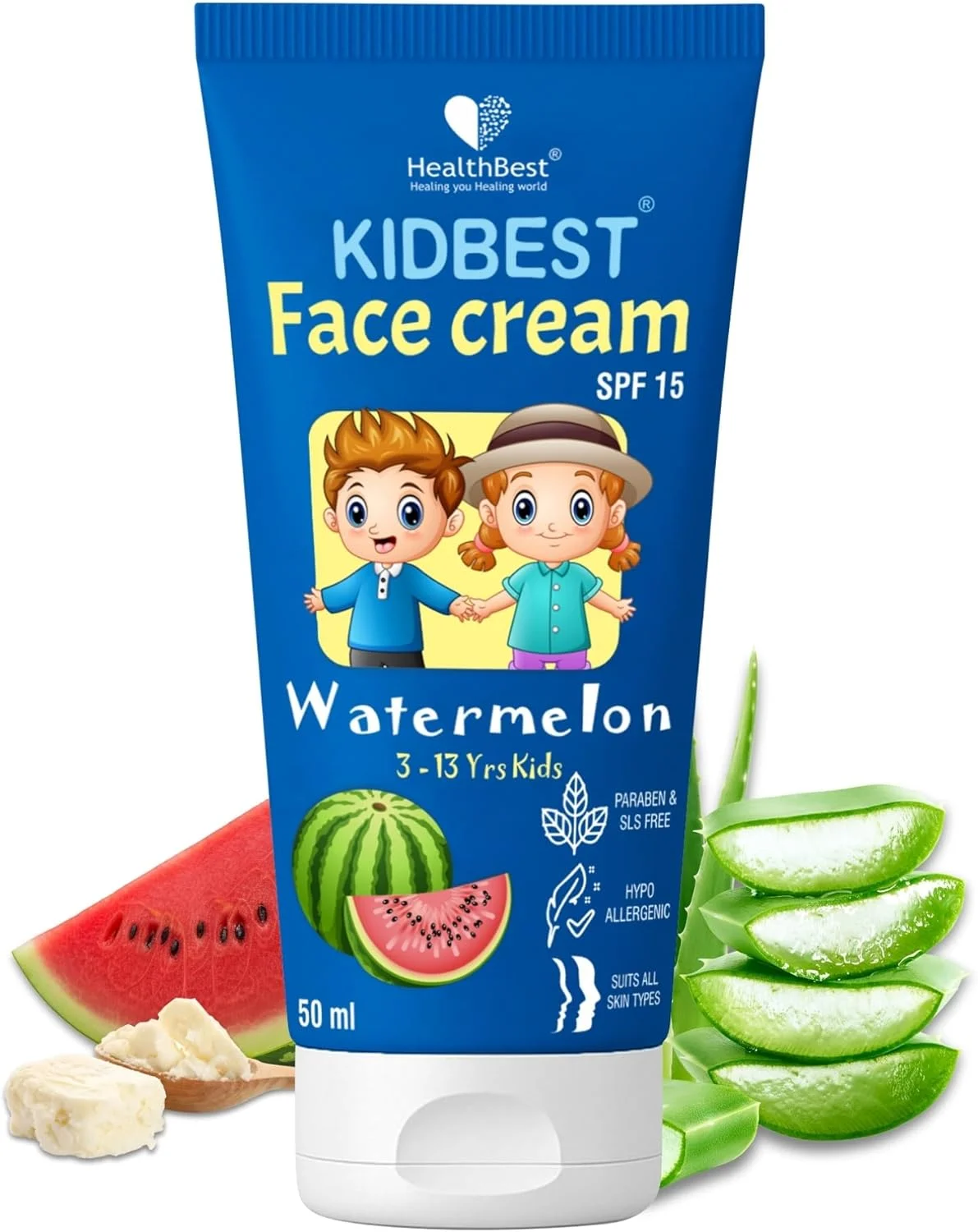 کرم صورت کودک HealthBest Kidbest | SPF 15 | ایمن برای پوست حساس و بدون عطر | بدون اشک، پارابن، SLS | طعم هندوانه | 50 میلی لیتر