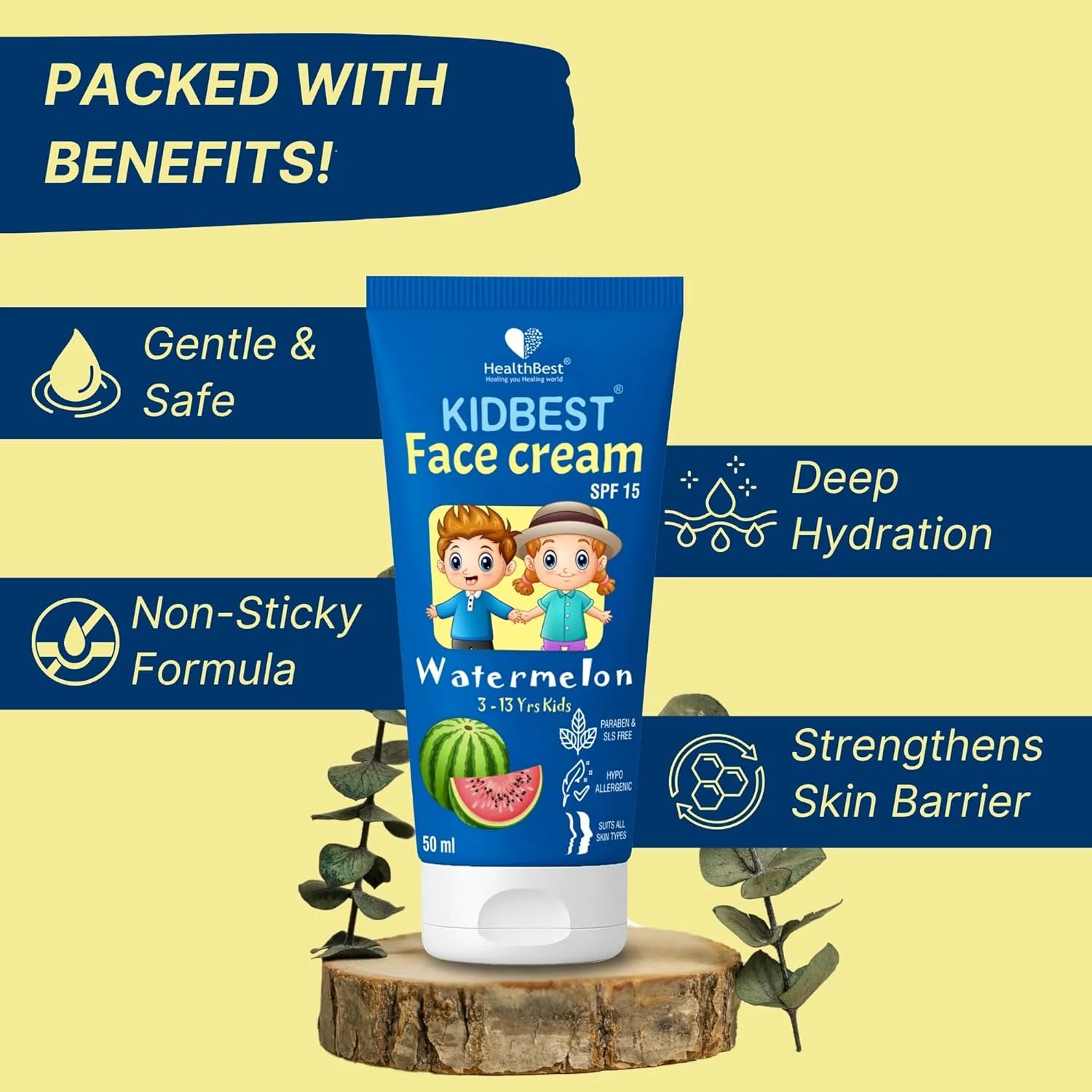 کرم صورت کودک HealthBest Kidbest | SPF 15 | ایمن برای پوست حساس و بدون عطر | بدون اشک، پارابن، SLS | طعم هندوانه | 50 میلی لیتر