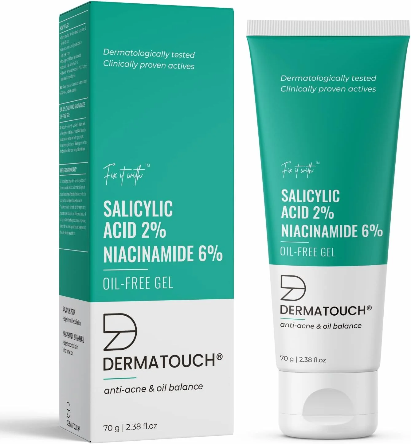 ژل فاقد چربی ضد جوش حاوی 2% سالیسیلیک اسید و 6% نیاسینامید DERMATOUCH، متعادل کننده چربی پوست و کوچک کننده منافذ (70 گرم)