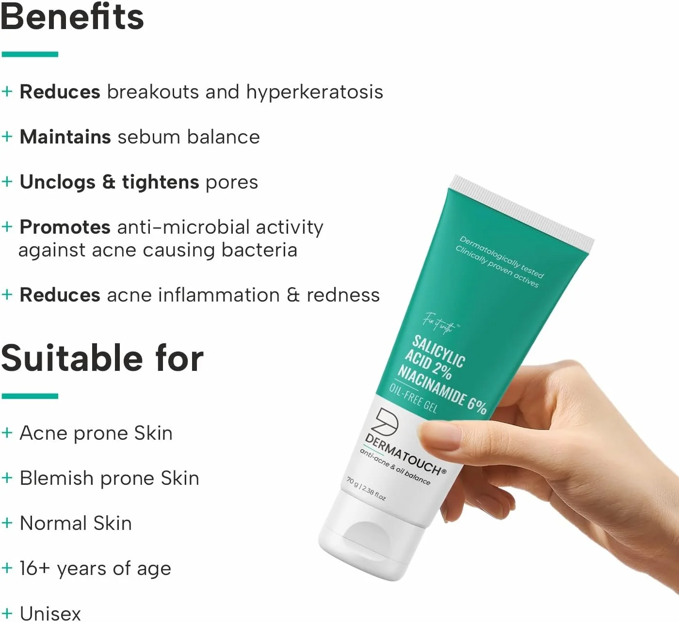 ژل فاقد چربی ضد جوش حاوی 2% سالیسیلیک اسید و 6% نیاسینامید DERMATOUCH، متعادل کننده چربی پوست و کوچک کننده منافذ (70 گرم)