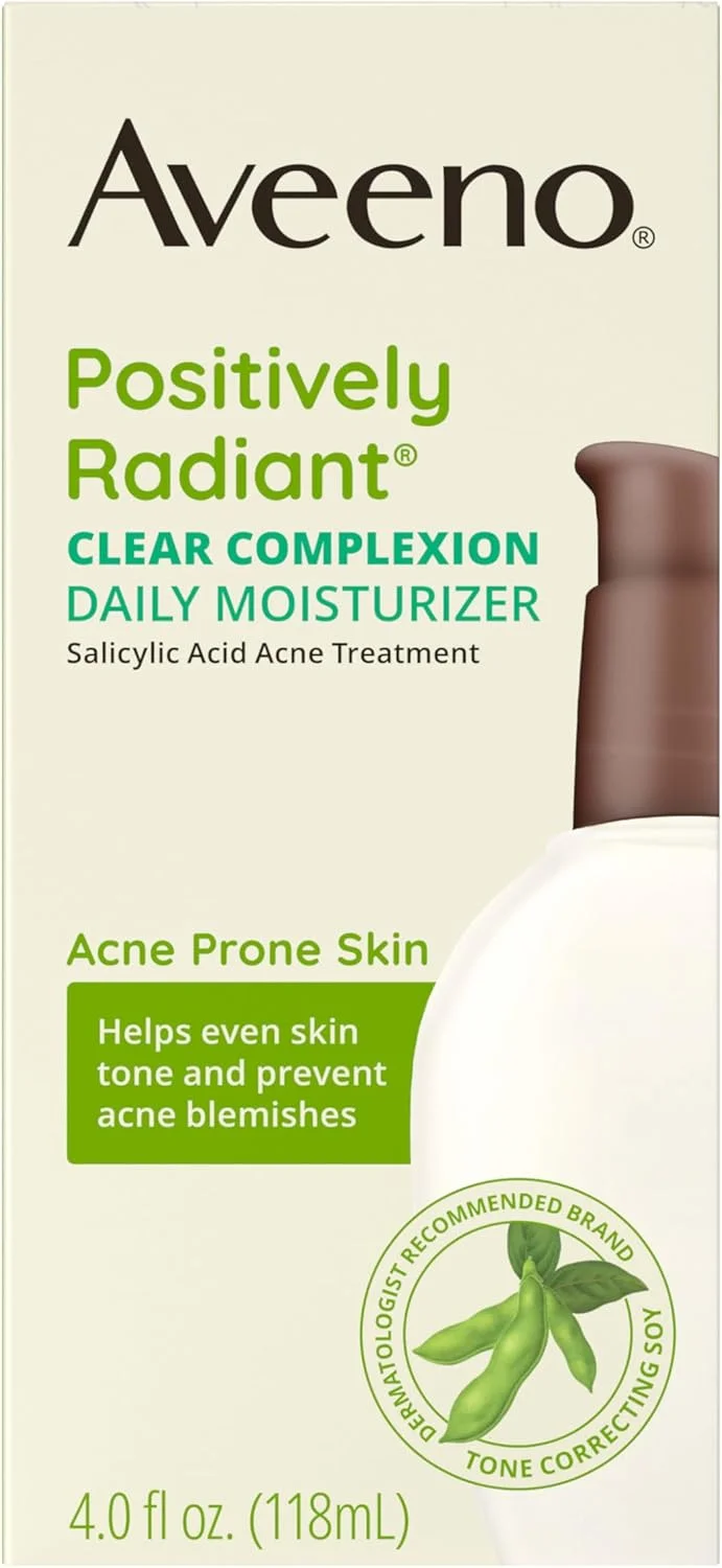 مرطوب کننده روزانه صورت Aveeno Clear Complexion حاوی اسید سالیسیلیک برای پوست های مستعد جوش و رنگ ناهموار، کمپلکس توتال سویا، فاقد چربی، ضد حساسیت و غیر کومدون زا، 118 میلی لیتر